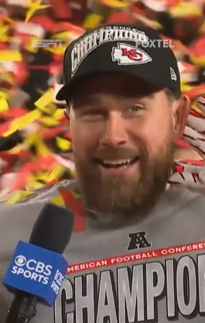 Travis Kelce Singing during an interview after afc win