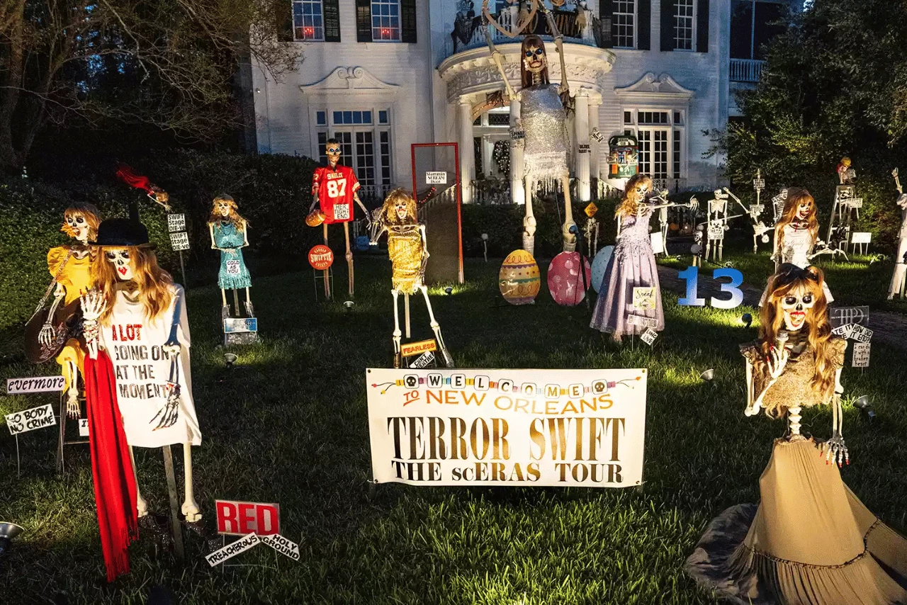 "Terror Swift" Halloween Decorations Go Viral with Taylor Swift-Inspired Skeletons in New Orleans